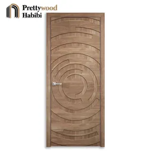 Prettywood Modern Geometry Circle Design CNC Carved Timber Solid Wood Interior Room Door For House