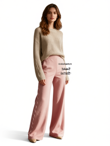 YMK238 Pantaloni Larghi da Donna in Maglia a Vita Alta, Vestibilità Ampia, Lunghezza Intera, Tinta Unita, Casual, Autunnali, con Elastico in Vita - Product Image 1