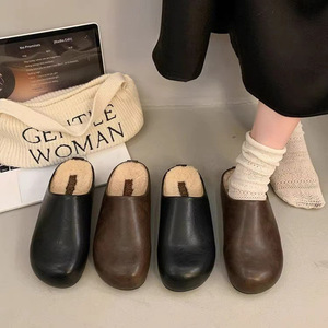 2024 nueva moda Otoño Invierno piel para zapatillas para mujer suela gruesa Birkenstocks terciopelo puntera lindo feo media zapatilla - Product Image 4