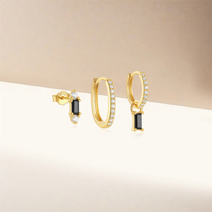 ROXI 3 Piece Set 925 Sterling <b>Silver</b> Black Inlaid Zircon Hip Hop Classic <b>Hoop</b> <b>Earrings</b> Set - Product Image 6