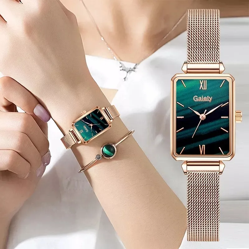 Brand Women Watches Fashion Square Ladies Quartz Watch Bracelet Set Green Dial Simple Rose Gold Mesh Luxury Women Watches CD003