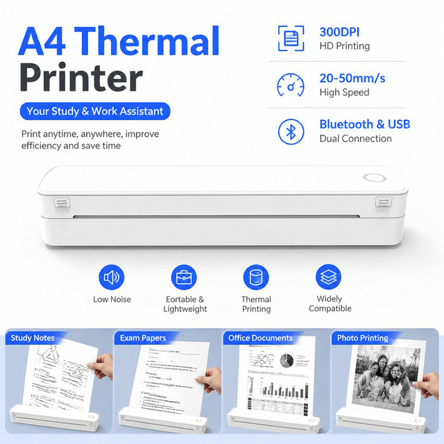 2026 Handheld 300DPI Office Small Size Thermal A4 Printer A403B Portable Inkless Document Photo Mini Printer