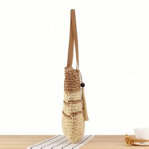 Sac fourre-tout en paille tressée grande capacité à rayures françaises pour femmes d'affaires, nouveau sac de plage contrasté avec broderie et deux ouvertures - Product Image 5
