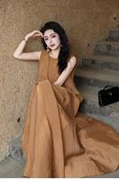 Robe longue plissée sans manches pour femme, style décontracté et élégant, coupe ample à volants, taille naturelle, ligne A