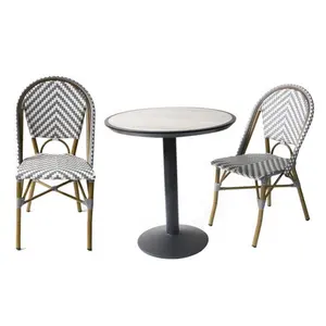Bistro perancis balkon Pub logam keramik meja makan dan anyaman rotan aluminium kursi set luar ruangan taman set