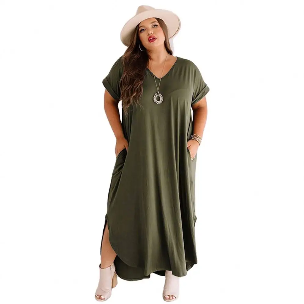 Newest Design Loose Fit Cotton Blend Short Sleeve Women Fashion Casual Maxi Dresses V Neck Plus Size Dress