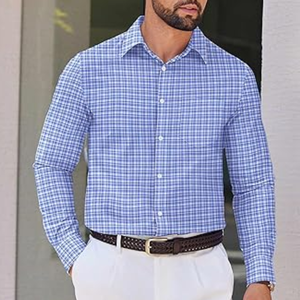 Chemise décontractée à manches longues pour homme, à carreaux, en tissu teint, col rabattu, boutonnée avec poche - Product Image 4