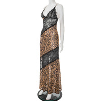 Mode Unique Vintage robes sans manches imprimé léopard Patchwork dentelle été décontracté Sexy longue Maxi robe femmes vêtements
