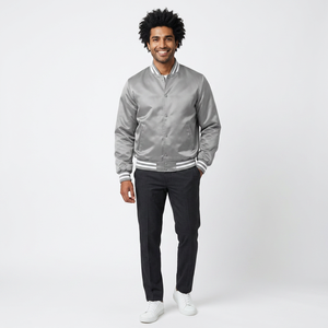 <b>Mens</b> Classic Satin Varsity Bomber <b>Jacket</b> Silver Orange <b>White</b> Collection Striped Ribbed Trim Snap Button Sporty Letterman - Product Image 1