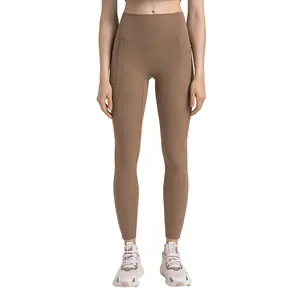 Pantalones de Yoga de cintura alta para mujer con bolsillo lateral sin línea en T Compresión fuerte Vientre Patrón de nueve puntos para correr