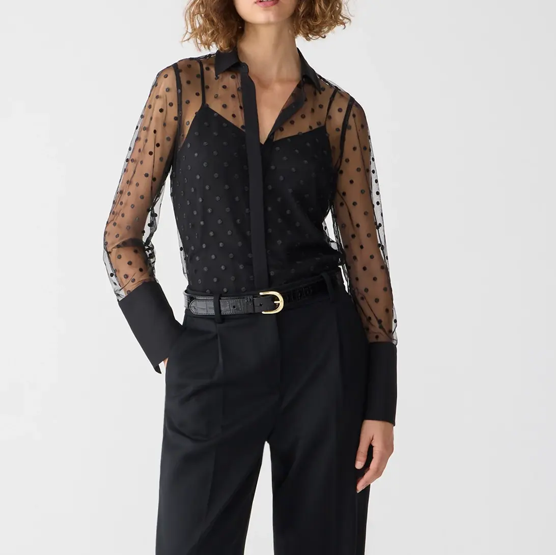 Damen Custom Sexy Langarm V-Ausschnitt Sheer Button Tank Camis Top Klassischer Luxus Black Dot Print Durchsichtige elegante Bluse