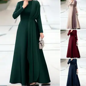 2022 Hot Style Muslim Womens Ladies Long Sleeve Patchwork Evening Prom Gown Swing Maxi Dress