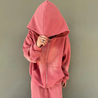 Sweat à capuche vintage délavé avec fermeture éclair pour hommes Streetwear veste gaufrée thermique en coton épais Boxy sweat à capuche court