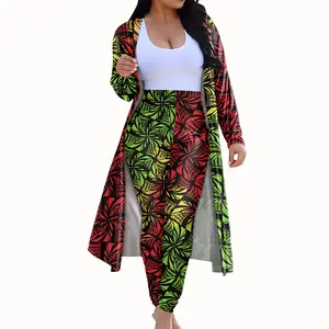 Fantezi kadın 2 parça Set özel artı boyutu ceket sıska uzun pantolon polinezya Tribal Hibiscus Plumeria desen Kimono hırka setleri