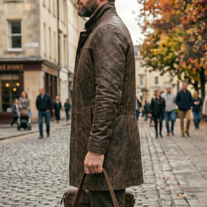 Wholesale Top Selling <b>Men</b>’s <b>Long</b> <b>Coat</b> Double Breasted Custom Color Embossed Genuine Leather <b>Coat</b> Mid Length Winter Wear - Product Image 3