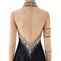 Robe de patinage artistique noire et or à manches longues en Spandex/Nylon, ornée de strass faits à la main, dos profond en V, dos ouvert, en maille, pour enfants