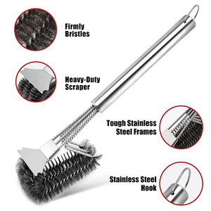 3 Trong 1 BBQ Nướng Bàn Chải Với <span class=keywords><strong>Scraper</strong></span> Và Treo Móc Dây Thép Bền Lông Thoải Mái Non-Slip Grip Cho BBQ Làm Sạch - Product Image 3