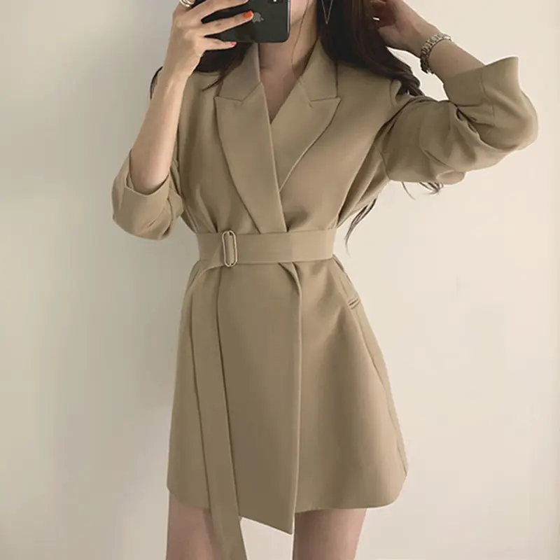 QC 2022 New Solid Color Women Work Blazer Jacket Casual Sashes Loose Suit Jackets Female Oversized Blazer Women Outwear