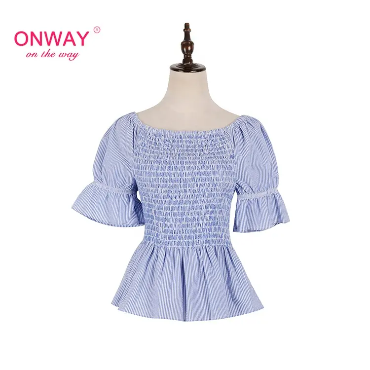 Fashion Stripe Smocking Blue Slim Waist Poplin 100% Cotton Flare Sleeve Top For Women