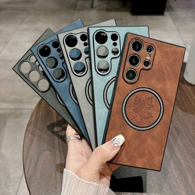 Trending Products Business Retro Leather Maple Leaf Luxury Magnetic Shockproof Mobile Phone Case for Samsung S24 Ultra S23 S22