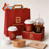 Ensemble de gobelets à café en papier rouge avec logo personnalisé, manchon pour gobelet chaud ou froid, plateau porte-gobelets, sac en kraft, serviette, emballage de marque pour café à emporter