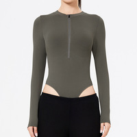 Combinaison de yoga amincissante pour femme, contrôle du ventre, manches longues, coupe ajustée, nylon haut de gamme, col rond pour le fitness