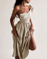 Robe longue d'été sans manches en lin marron chocolat OEM ODM, style bohème, avec poches, tenue de vacances rustique et minimaliste, style Cottagecore