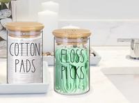 Pot de rangement en verre borosilicate transparent pour coton-tiges et fil dentaire avec couvercle en bambou, design simple, idéal pour les cadeaux