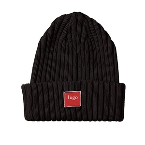 2022 Fashion Leather Label Solid Color Winter Knitted Wool Hats Custom Warm <strong>Black</strong> <strong>Beanies</strong> for <strong>Women</strong> and Men - Product Image 1
