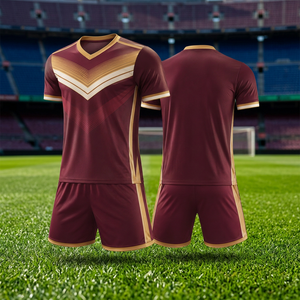 Maillot de football pour homme, couleur bordeaux et or, motif géométrique, manches courtes, col en V, tissu polyester respirant - Product Image 3