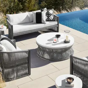 Groothandel Op Maat Buiten Hotel Tuin Zitplaatsen Buiten Balkon Grey Kaki Touw Sectional Sofa Met Aluminium Frame