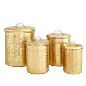Best Quality Hammered <b>Storage</b> Container <b>Black</b> Lid Golden Top with Knob Metal Food <b>Storage</b> Canister <b>for</b> Home and Kitchenware - Product Image 2