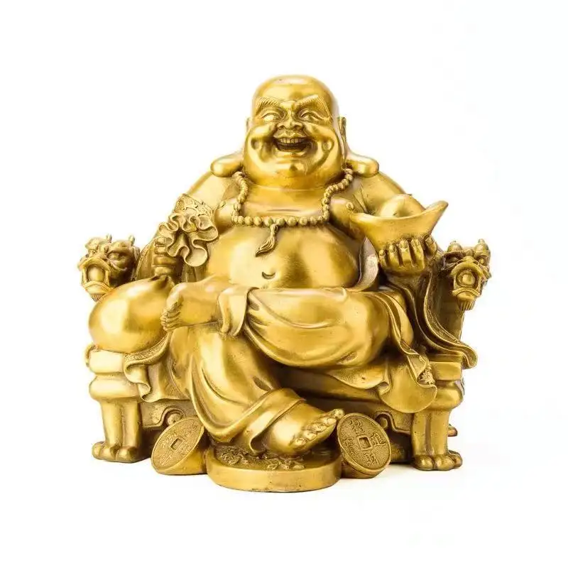 بوذا بوذي نحاسي ضاحك على كرسي التنين الإمبراطور تمثال بوذا فنغ شوي للحظ والسعادة