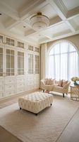Dressing moderne de luxe |   Armoire en verre sur mesure du sol au plafond avec porte à fermeture douce et coiffeuse à LED