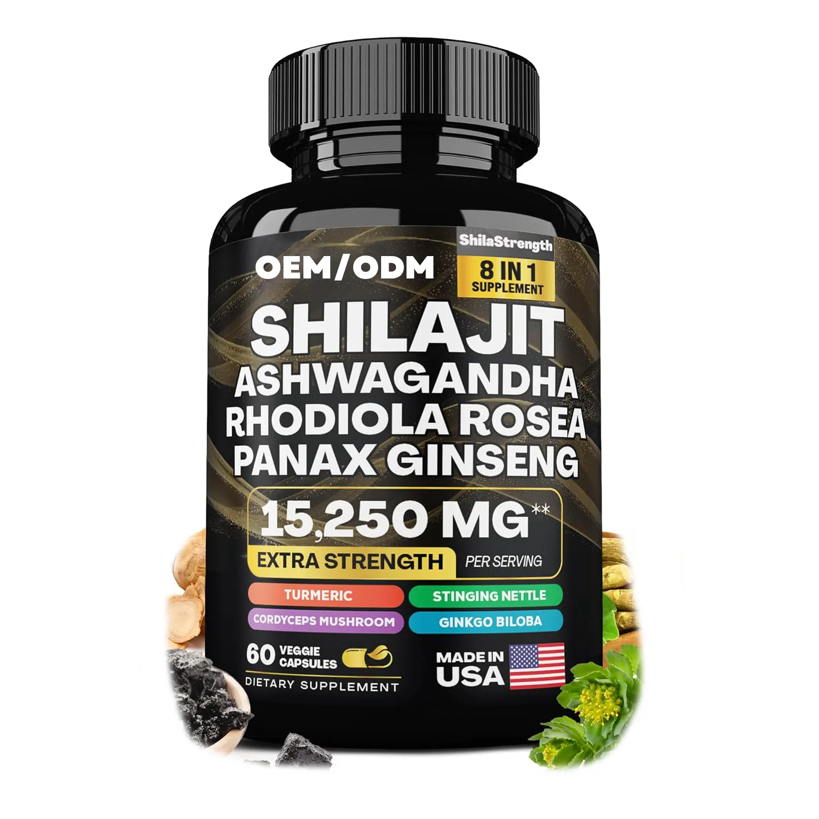 Suplementos de ervas do Himalaia puro Shilajit Reforço de energia Ashwagandha Rhodiola Rosea Panax Ginseng Ginkgo Biloba Urtiga picadora