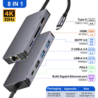 ULT-unite Type-C 8-in-1 poorten aluminium USB hub 2.0 3.0 multifunctionele adapter USB-C splitter laptop desktop computer voorraad