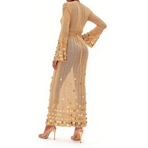 เดรสยาวผ้าถักซีทรูประดับเลื่อมสำหรับผู้หญิง คอวีลึก แขนยาว ชุดเดรสออกงาน แฟชั่น - Product Image 6