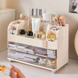 Organisateur cosmétique blanc crème avec tiroirs, boîte de rangement de maquillage de grande capacité pour soins de la peau et rouge à lèvres, organisateur de bureau - Product Image 1