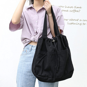 Simple <strong>Drawstring</strong> Tote <strong>Bag</strong> Large Capacity <strong>Canvas</strong> <strong>Bag</strong> Solid Color Shoulder <strong>Bag</strong> - Product Image 3