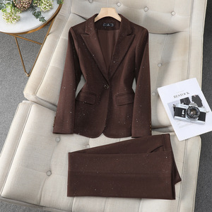 Women's Brown <b>Sequined</b> Suit Set Satin Anti-Wrinkle Professional Workwear Casual Style - Product Image 1