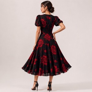 Robe Midi Femme en Viscose Naturelle Automne Coupe Évasée à Manches Bouffantes Imprimé Floral Rose Tango Élégance Romantique Argentin Vente en Gros - Product Image 3