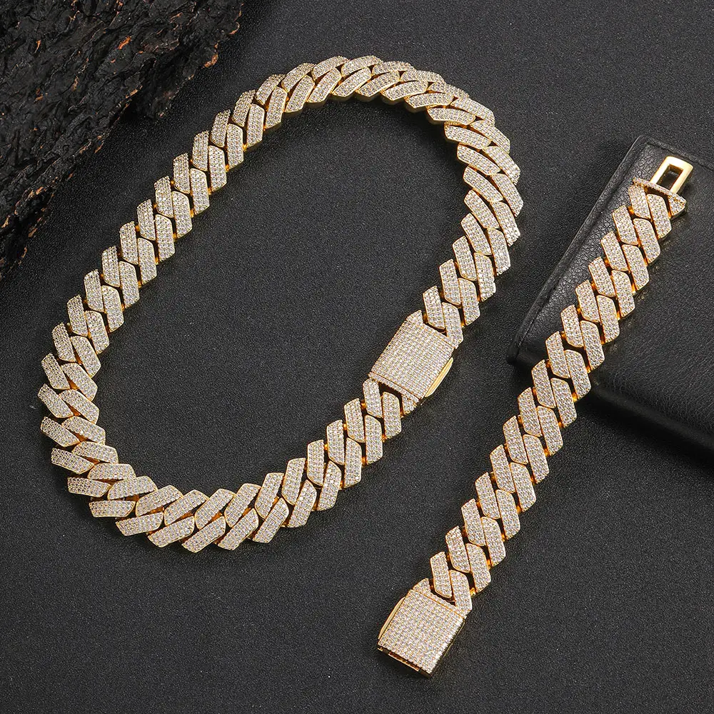 Wholesale Men Hip Hop Jewelry 20mm 3 Rows Gold Chunky Necklace Iced Out Cz Prong Cuban Link Chain Necklace Diamond Cuban Chain