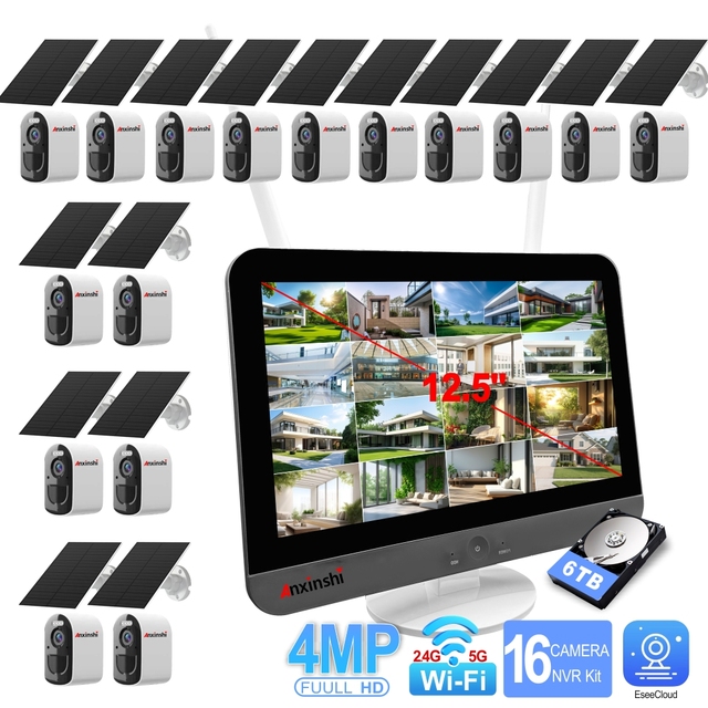 16 Solar Battery Mini Camera with 16CH Wireless NVR Built in 12.5inch LCD Display Wireless Home Security Cameras System