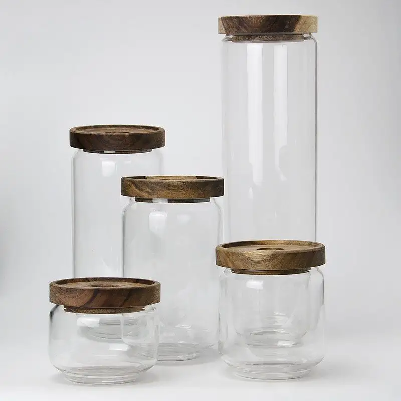 kitchen pantry storage organization air tight food storage containers bottles wood lid stackable glass jar canister set