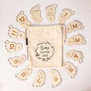 KingWIN <b>Baby</b> <b>Milestone</b> <b>Cards</b> Wooden Footprint Markers 12 Months Set With Storage Bag For Newborn Photo Props - Product Image 1