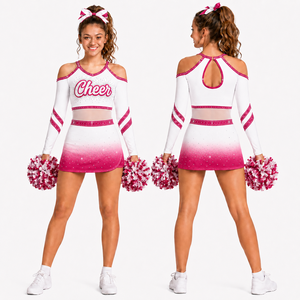 Uniforme de Porristas Personalizado, Blanco y Rosa Intenso con Degradado Ombre, Pedrería, Hombros Descubiertos, Espalda con Abertura, Top Corto de Manga Larga - Product Image 1