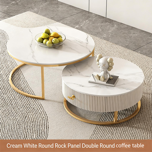 Juego <span class=keywords><strong>de</strong></span> Mesa <span class=keywords><strong>de</strong></span> Centro Redonda y Mueble para <span class=keywords><strong>TV</strong></span> <span class=keywords><strong>de</strong></span> Estilo Moderno y Lujoso, con Marco Metálico, Acabado Brillante, Imitación Mármol, con Cajones, en Blanco y Dorado - Product Image 3