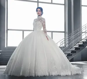 Mi Kleid Luxuriöse Schnürung Langarm Boden länge Schwanz Weiß Kleid Prinzessin Braut Bescheidene Brautkleider für Frauen 2022