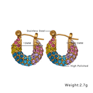 Boucles d'oreilles créoles en acier inoxydable plaqué or 18 carats avec cristaux colorés, vente en gros, style vintage, entièrement serties de diamants - Product Image 6
