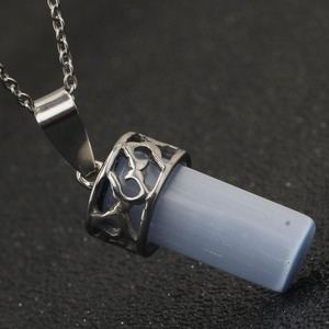 Sterling Silver <b>Pendant</b> With Blue <b>Opal</b> Stone Cylindrical Shape Everyday Wear Necklace For Women - Product Image 2